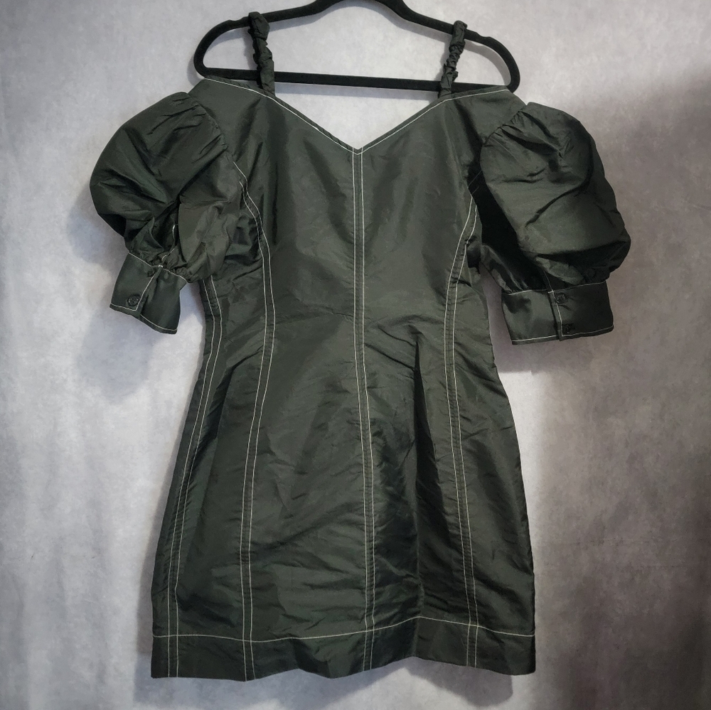 GANNI PUFF SLEEVE COLD SHOULDER TAFFETA DRESS SIZE 42 BLACK NORDSTROM NEW